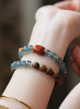 天然蓝水冰种翡翠双圈手串女南红玉石沉香手链首饰金丝檀木