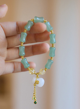 新中式天然金丝玉手链女天山翠竹节钱袋单圈手链戈壁玉石手串新款