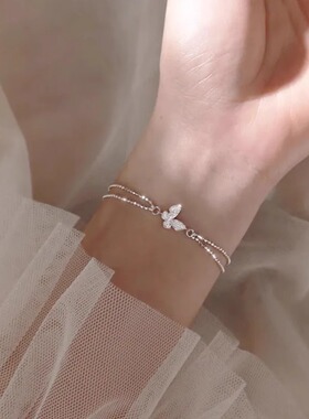 蝴蝶手链女925银ins小众设计冷淡风双层圆珠手饰轻奢闺蜜新款潮