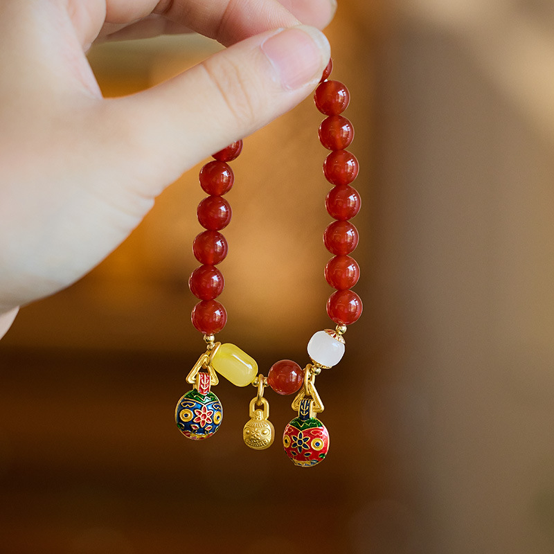 新中式天然红玛瑙吞金兽手链女款本命年复古风手串饰品礼物轻奢