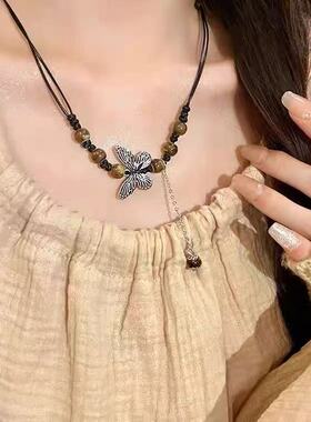 彩色串珠陶瓷蝴蝶编织绳项链新中式民族古风配饰轻奢高级感锁骨链