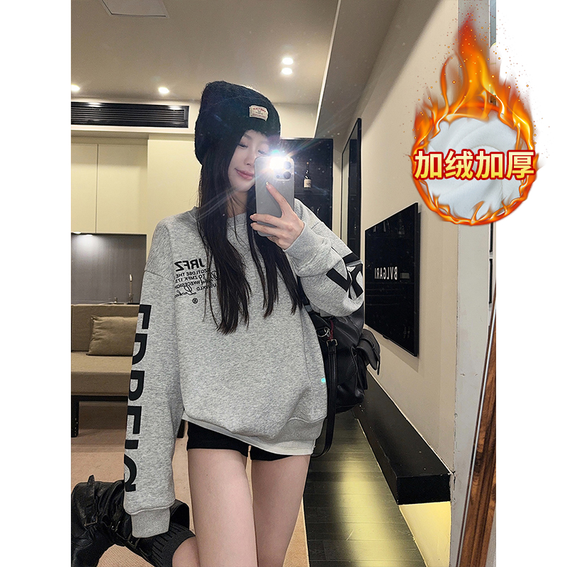实拍大码女装卫衣女冬季新款中长宽松设计感印花立领保暖韩版上衣