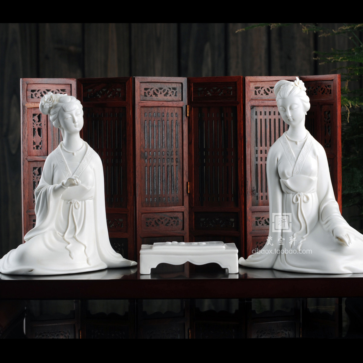 棋语古典人物摆件 德化陶瓷仕女美女下棋雕塑家居办公工艺品