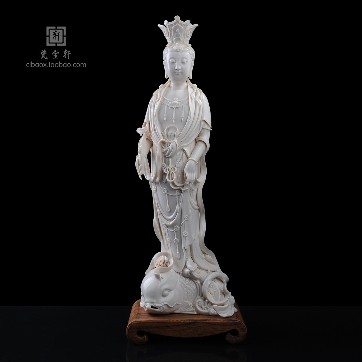 戴冠观音立鳌鱼如意德化白瓷陶瓷观音菩萨大号站立林吉祥佛像摆件