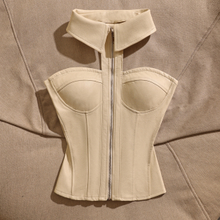 UNMN辣妹性感皮衣修身 气质设计感带胸垫百搭别致简约上衣 显瘦法式