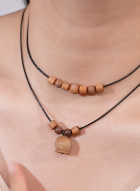 PEMISS木质双层圆珠锁骨链文艺