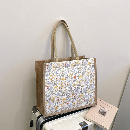 清新田园风亚麻袋拉链手提大包女