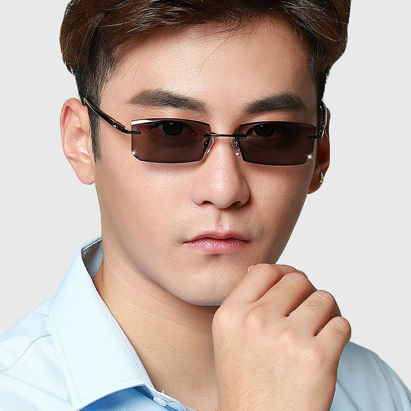 无框变色眼镜男切边镶钻近视太阳镜成品眼镜框架防辐射墨镜58103
