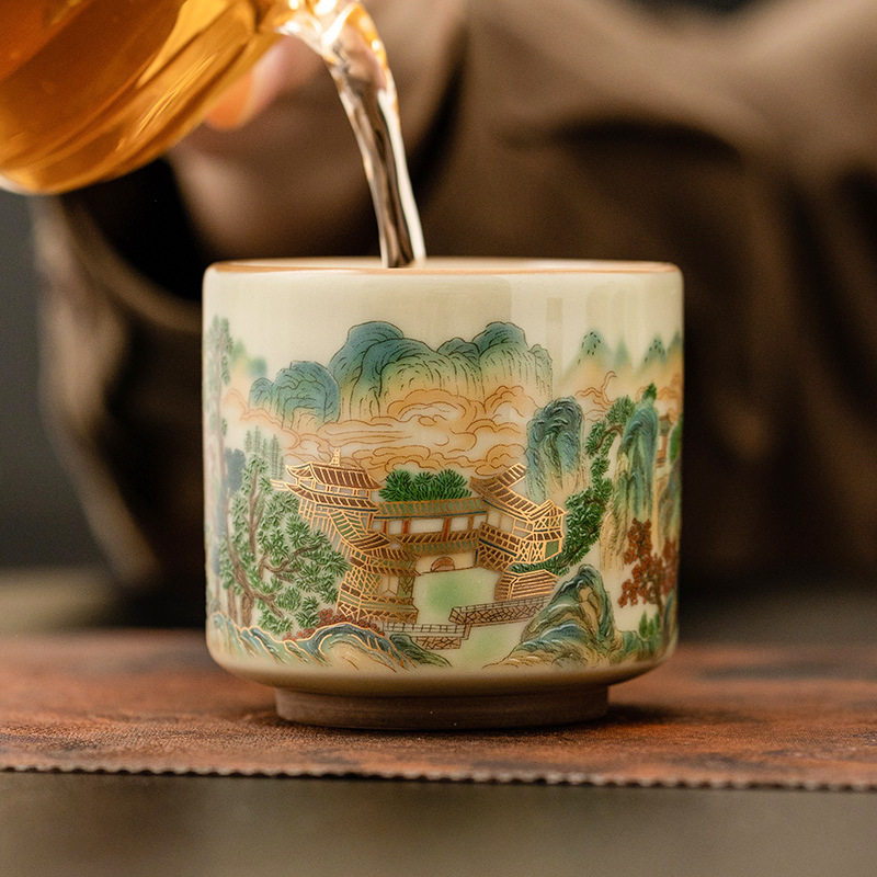 高颜值彩山水直筒杯高档精致主人杯个人专用茶杯办公喝茶品茗杯子