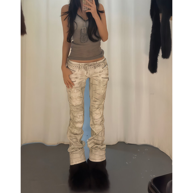 thumbnail for American vintage distressed white jeans women's autumn and winter millennial hot girl niche pleated design low-rise straight-leg pants