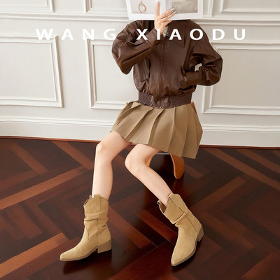 王小毒方头粗跟瘦瘦堆堆靴
