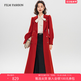 一电影一时装冬季复古红色羊毛双面呢毛呢大衣外套中长款气质女士