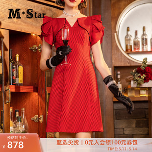 红色波点连衣裙女复古设计感小众名媛高端 新款 Star明星系列秋季