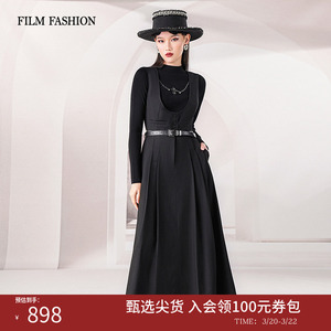 一电影一时装春季气质酷飒特工新款黑连衣裙两件套女
