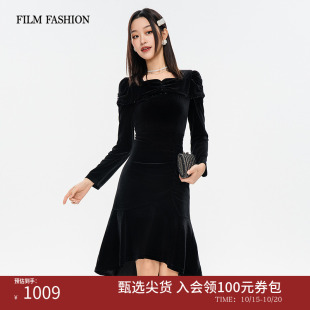 女荷叶边A字高腰黑色中长款 一电影一时装 丝绒连衣裙长袖 新款 冬季