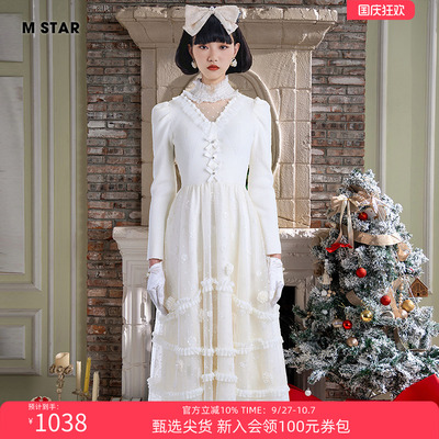 【反季直降】M STAR冬季公主风蕾丝网纱中长款针织毛织连衣裙女款