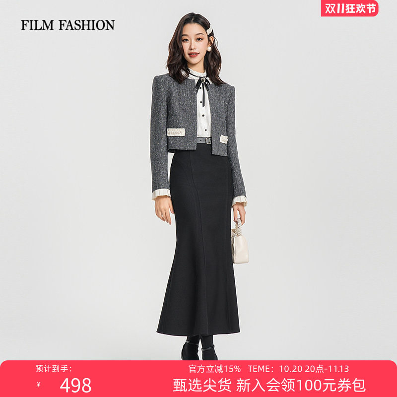一电影一时装春秋新款法式小香风名媛千金长袖外套女士毛呢短外套