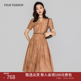 一电影一时装夏季新款散摆连衣裙中长款短袖收腰翻领V字高级女士