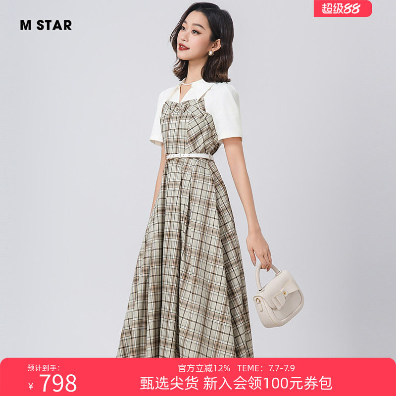 M STAR夏季新款复古拼接格子中长款连衣裙显瘦裙子气质休闲时尚女