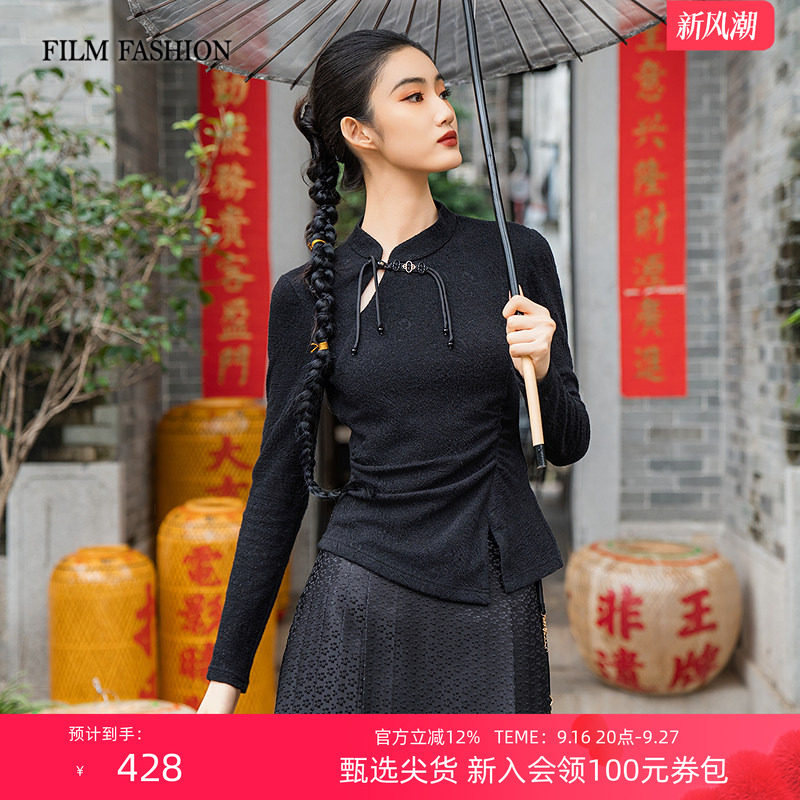 一电影一时装冬季新款羊毛打底衫斜襟针织女士黑色修身立领长袖图片