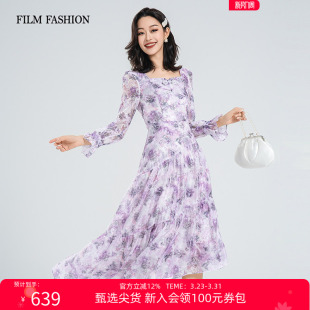法式 一电影一时装 连衣裙长裙长袖 新款 优雅度假风气质女 春季