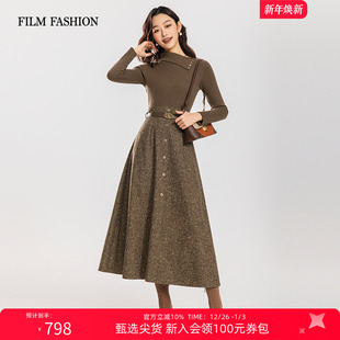 连衣裙A字裙女士 复古气质毛织拼接长袖 一电影一时装 2025秋冬新款