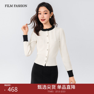 一电影一时装2026早春新款黑白拼接毛织绵羊毛上衣长袖小香风女士