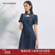 旗袍连衣裙新中式 一电影一时装 牛仔短款 新款 改良立领收腰女士 夏季