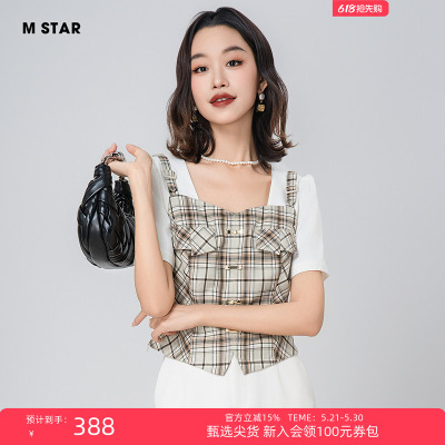 假两件方领格纹小衫上衣气质女士