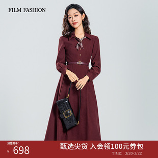 一电影一时装春季新款复古优雅气质红色长袖中长款连衣裙女收腰
