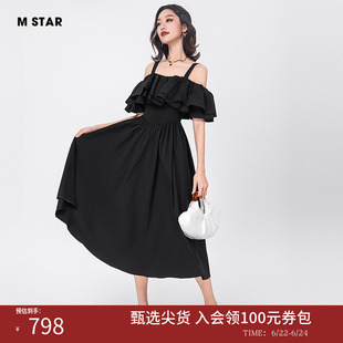M STAR夏季新款法式气质收腰吊带一字肩黑色连衣裙显瘦裙子女