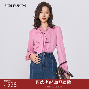 一电影一时装春季新款绑带衬衫上衣纯色醋纤长袖收腰时尚休闲女士