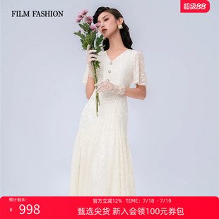 法式 一電影一時裝 夏季 新款 連衣裙女獨特超好看 氣質V領蕾絲短袖