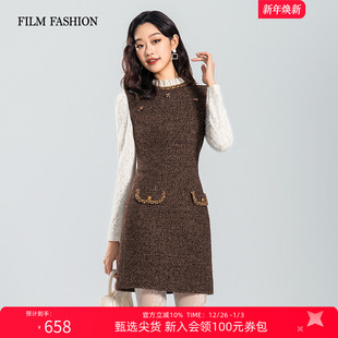 复古蕾丝假两件收腰小香风长袖 新款 连衣裙女 2025冬季 一电影一时装