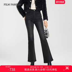 冬季 高腰黑色修身 新款 长裤 复古烫钻加绒女 牛仔喇叭裤 一电影一时装