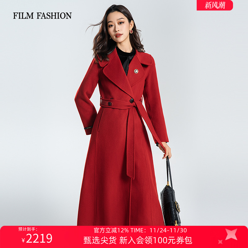 一电影一时装冬季新款中长款双面呢大衣外套100%羊毛女士翻领直筒