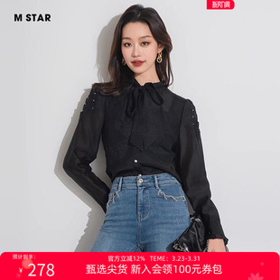 女通勤上衣气质休闲时尚 衬衫 STAR春夏网纱飘带领木耳边长袖
