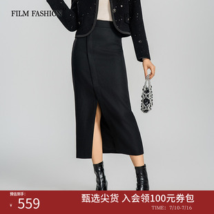 一电影一时装冬季新款包裙半身裙开叉黑色高腰A字裙羊毛女士