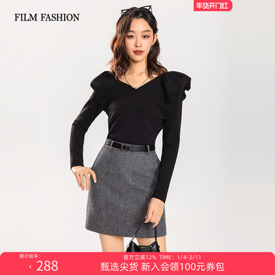 一电影一时装早春新款造型袖长袖黑色上衣高级V领复古通勤时尚女