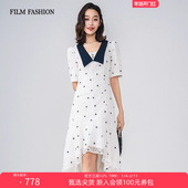 一电影一时装 法式 翻领不规则蕾丝波点白色鱼尾连衣裙显瘦女士春夏