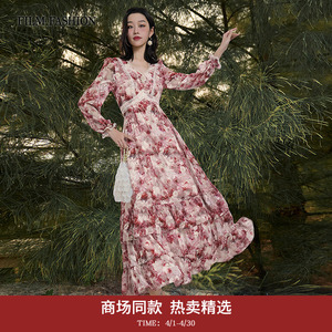 【商场同款】一电影一时装2025秋冬新款连衣裙V领泡泡袖收腰女士