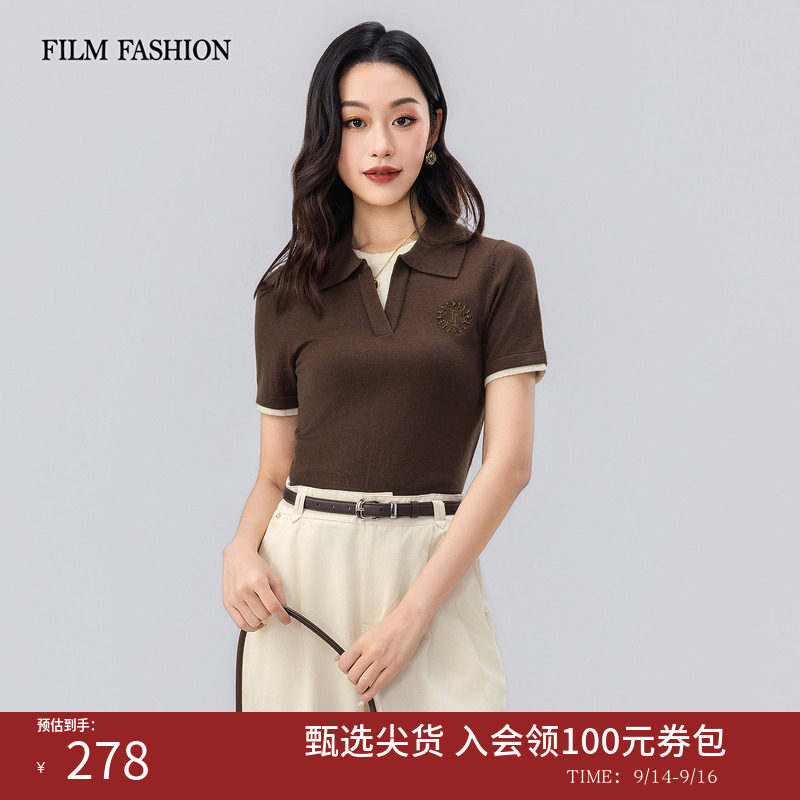 一电影一时装夏季新款毛衫假两件上衣翻领休闲短袖绵羊毛刺绣女士										
