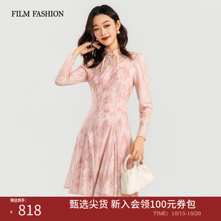 一电影一时装春季新款新中式旗袍连衣裙盘扣立领长袖收腰时尚女士