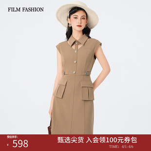 新款 卡其翻领镂空连衣裙短裙女气质好看流行 夏季 一电影一时装