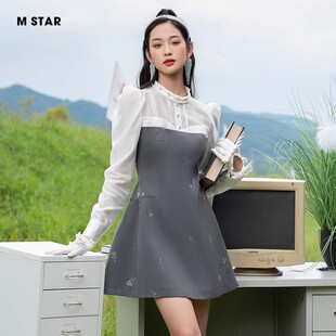 【闪降】M STAR明星春夏新款法式假两件长袖小香风连衣裙女