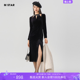 M STAR冬季新款丝绒长袖连衣裙镂空开叉女士修身A字钉珠长袖裙子