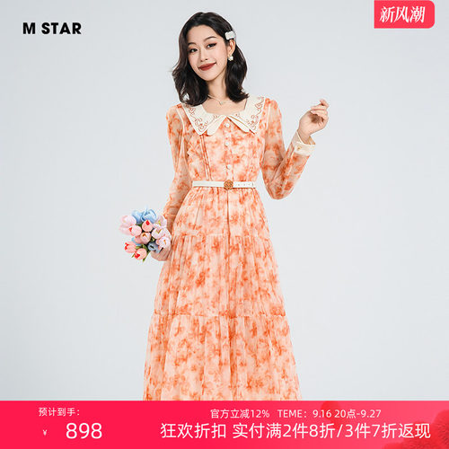 【3件7折】M STAR夏季新款法式浪漫度假花料娃娃领连衣裙长裙女