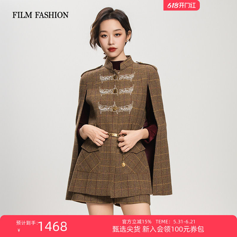 一电影一时装春季新款复古格子绣花斗篷女士气质休闲时尚显瘦