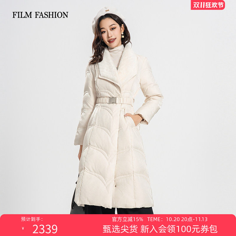 一电影一时装冬季新款羽绒服外套鹅绒中长款保暖收腰毛领白色女士