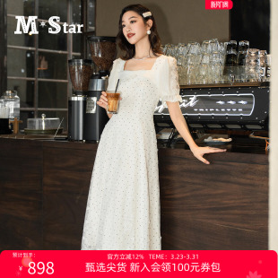 法式 新款 茶歇裙度假风方领蕾丝波点连衣裙显瘦裙子女士 STAR夏季